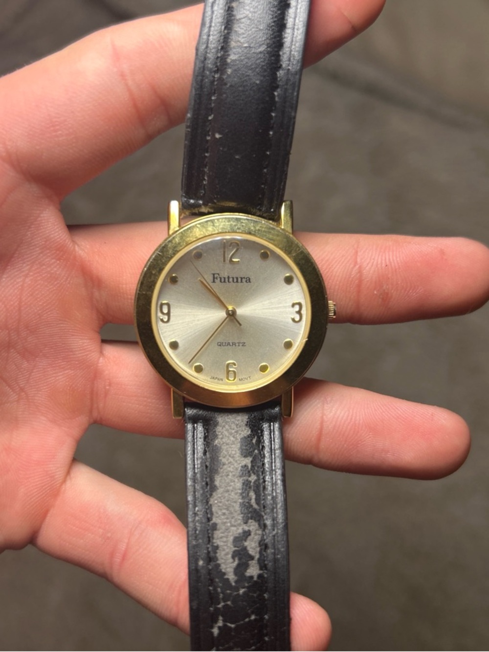 Futura Gold-Tone Round Watch with Black Leather Strap for parts not working
